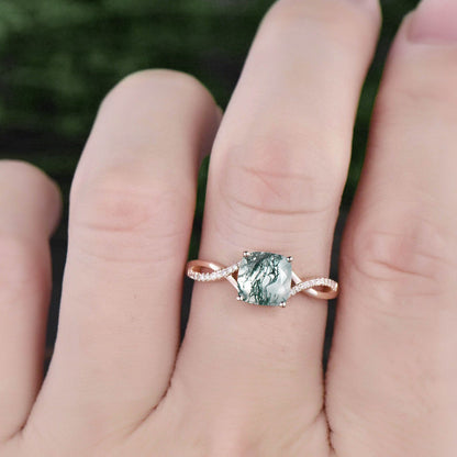 Vintage cushion cut moss agate engagement ring solid 14k rose gold infinity Twisted half eternity diamond ring anniversary ring for women