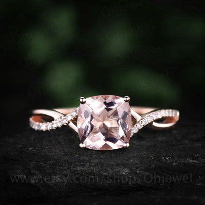 Vintage cushion cut morganite engagement ring solid 14k rose gold infinity Twisted half eternity diamond ring anniversary ring for women