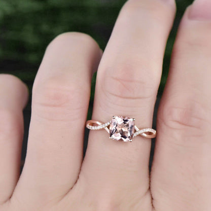 Vintage cushion cut morganite engagement ring solid 14k rose gold infinity Twisted half eternity diamond ring anniversary ring for women