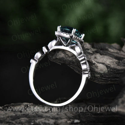 Vintage cushion cut alexandrite engagement ring white gold halo art deco half eternity diamond ring unique promise wedding ring for women