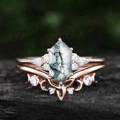 Unique bridal ring set hexagon cut green moss agate engagement ring set rose gold vitage kite moissanite ring promise wedding ring for women