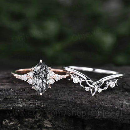 Hexagon cut black rutilated quartz ring rose gold vintage unique engagement ring set kite cut moissanite wedding bridal ring set for women