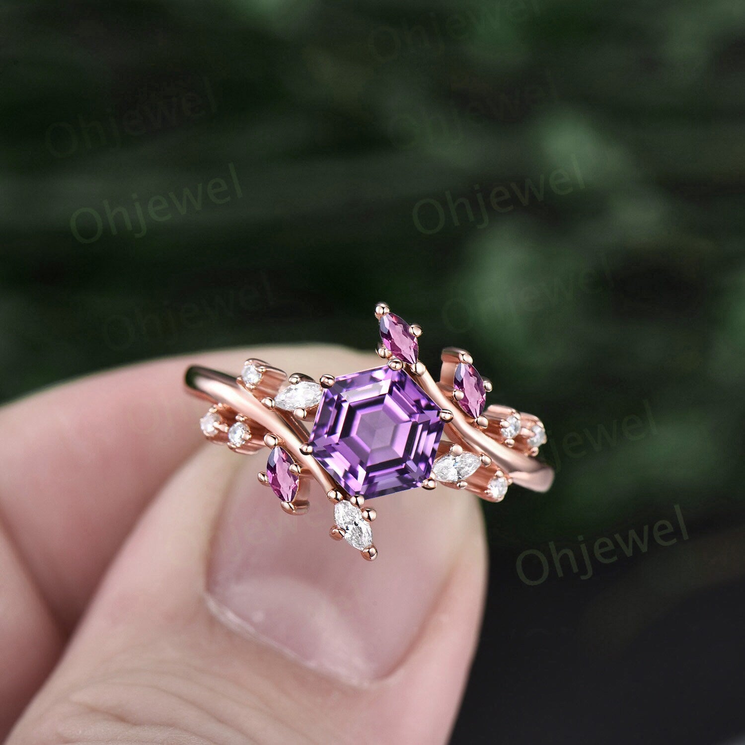 Vintage Hexagon deals cut amethyst engagement ring rose gold silver marquise diamond Pink Tourmaline ring cluster leaf unique wedding ring women