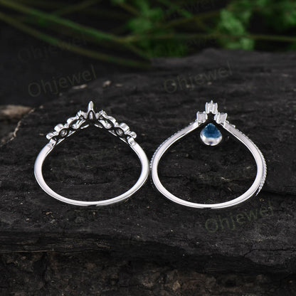 Vintage pear shaped London blue topaz engagement ring set rose gold cluster diamond ring dainty unique bridal wedding ring set women gift