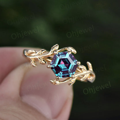Twig Hexagon Alexandrite engagement ring leaf art deco branches unique vintage solitaire 14k rose gold engagement ring for women wedding
