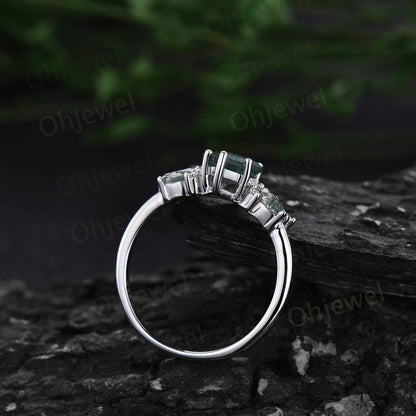 Kite cut moss agate ring gold silver vintage unique engagement ring cluster diamond ring marquise cut moss agate ring wedding ring for women