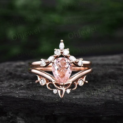 Pear shaped morganite ring rose gold vintage cluster unique engagement ring art deco diamond anniversary promise wedding ring set for women