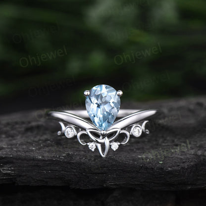 Pear shaped Aquamarine ring rose gold vintage cluster unique engagement ring marquise diamond anniversary promise wedding ring set for women