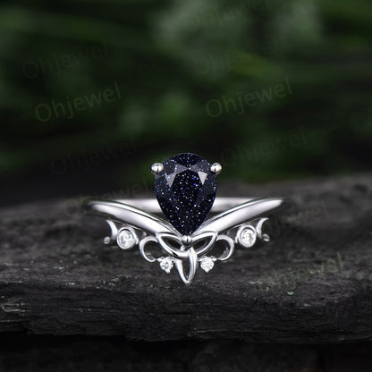 Pear shaped blue sandstone ring blue goldstone ring unique engagement ring 14k rose gold sterling silver anniversary ring women gifts
