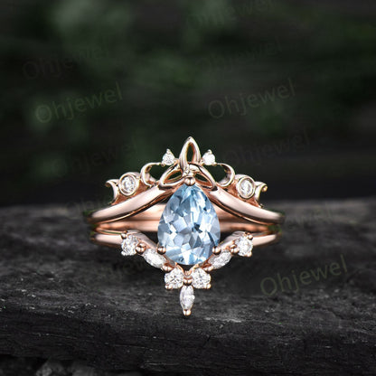 Pear shaped Aquamarine ring rose gold vintage cluster unique engagement ring marquise diamond anniversary promise wedding ring set for women