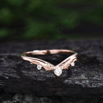Vintage diamond wedding band 14k rose gold unique V shaped curved moissanite wedding ring band silver stacking anniversary ring women gift