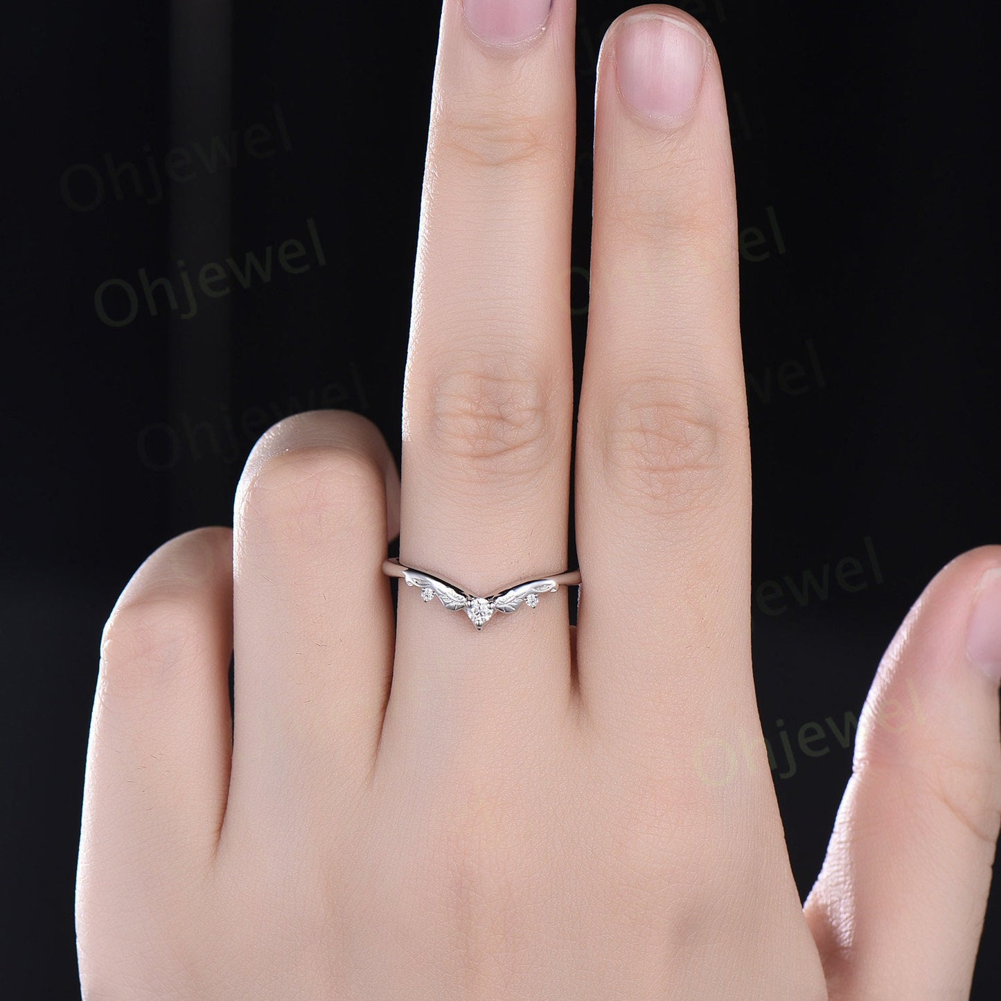Unique three stone diamond wedding ring band 14k white gold sterling silver dainty curved vintage anniversary ring women bridal promise band