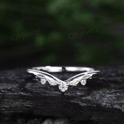 Vintage diamond wedding band 14k rose gold unique V shaped curved moissanite wedding ring band silver stacking anniversary ring women gift