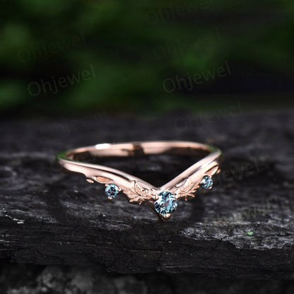 Vintage style three stone Alexandrite wedding band 14k rose gold silver bat curved stacking V shaped anniversary wedding ring band for women