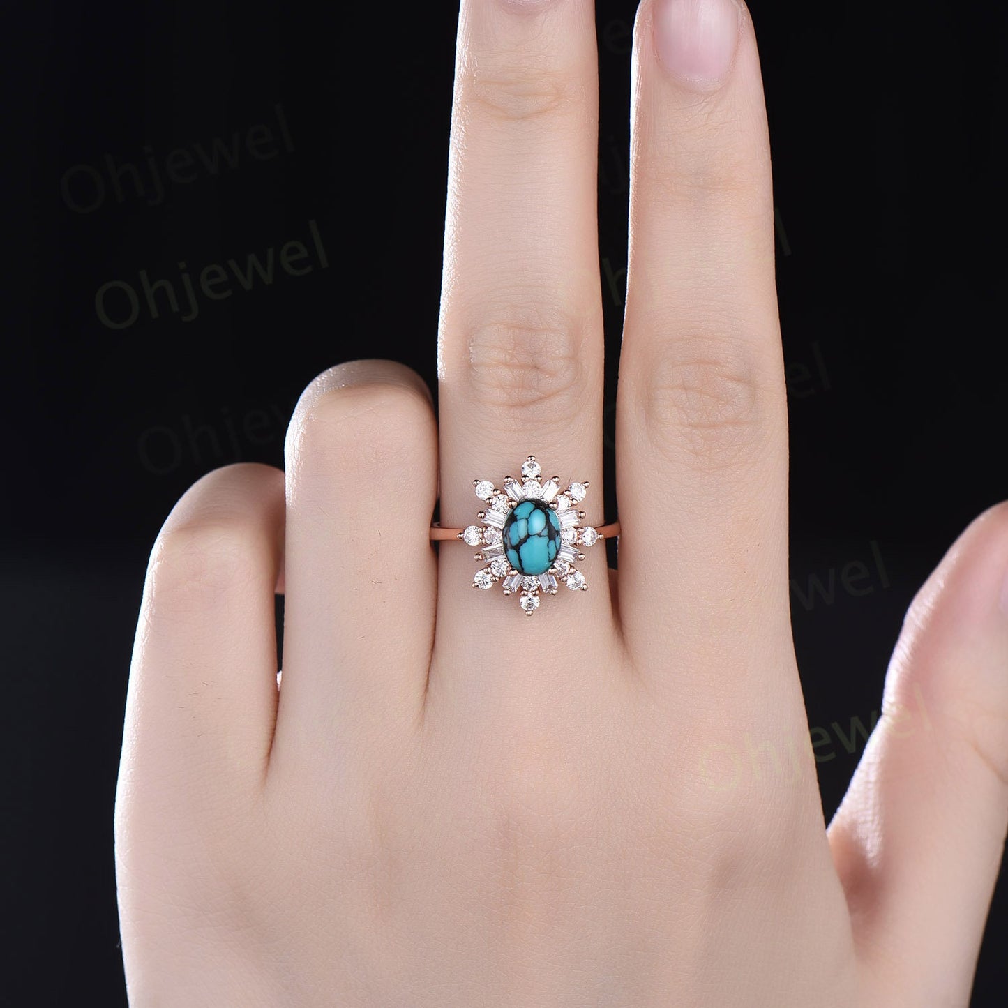 Oval cut natural Turquoise ring vintage rose gold halo unique engagement ring women cluster baguette cut moissanite wedding promise ring