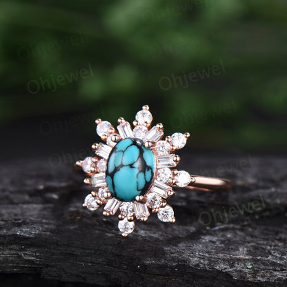 Oval cut natural Turquoise ring vintage rose gold halo unique engagement ring women cluster baguette cut moissanite wedding promise ring