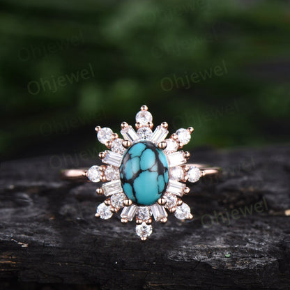 Oval cut natural Turquoise ring vintage rose gold halo unique engagement ring women cluster baguette cut moissanite wedding promise ring