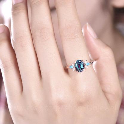Unique oval cut Alexandrite engagement ring 14k rose gold cluster marquise moonstone opal ring vintage anniversary ring women gift for her