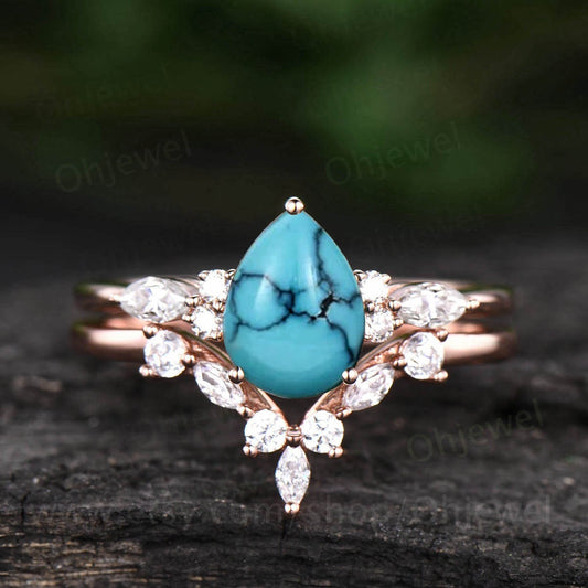 Peat shaped natural turquoise ring vintage unique engagement ring set rose gold silver marquise cut diamond promise wedding ring set women