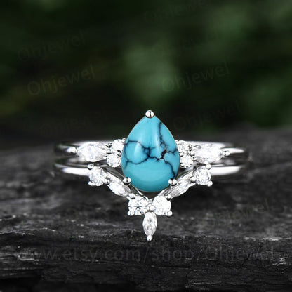 Peat shaped natural turquoise ring vintage unique engagement ring set rose gold silver marquise cut diamond promise wedding ring set women