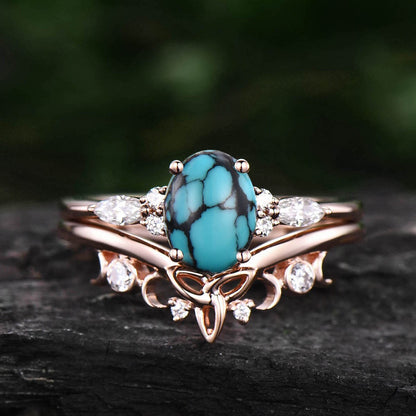 Oval natural turquoise ring rose gold vintage unique engagement ring set for women art deco moissanite promise bridal wedding ring set gift