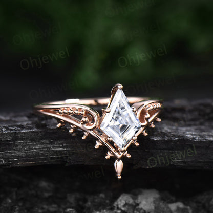 Vintage style kite cut moissanite engagement ring 14k rose gold unique split shank Solitaire engagement ring for women promise ring her