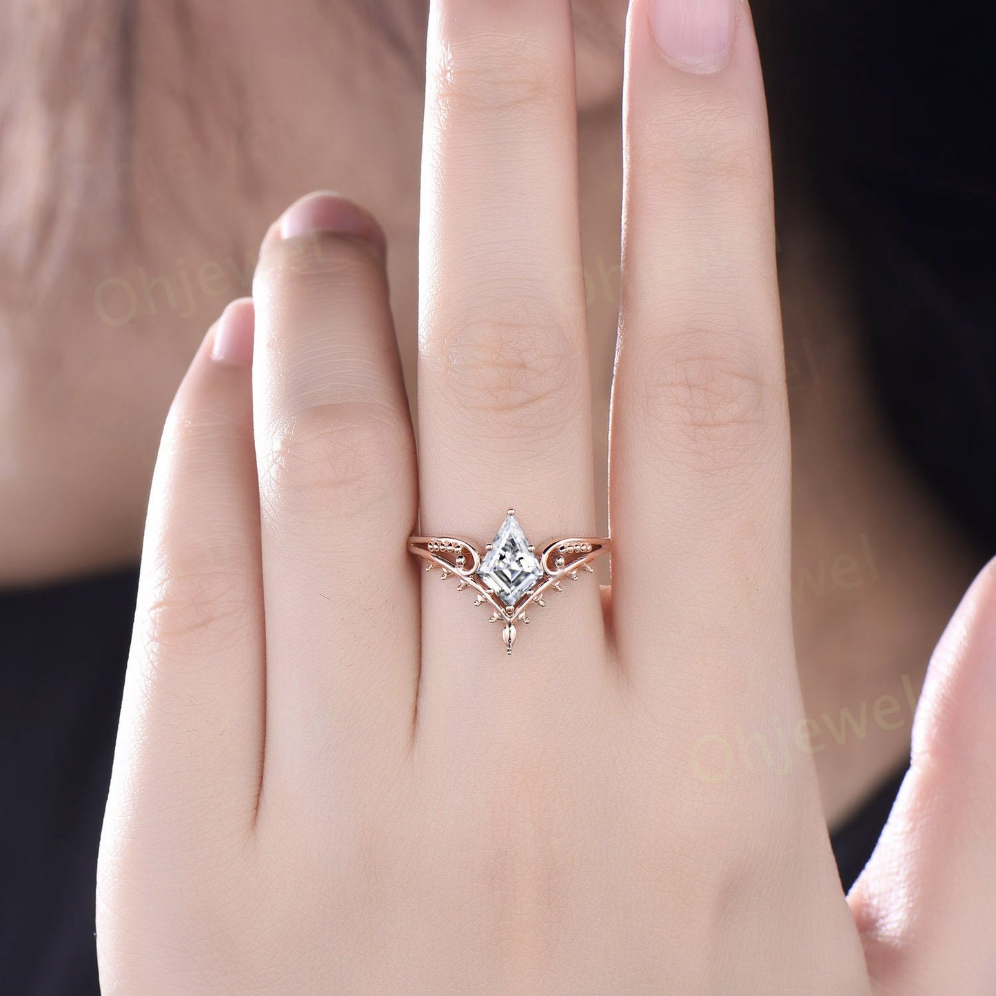 Vintage style kite cut moissanite engagement ring 14k rose gold unique split shank Solitaire engagement ring for women promise ring her