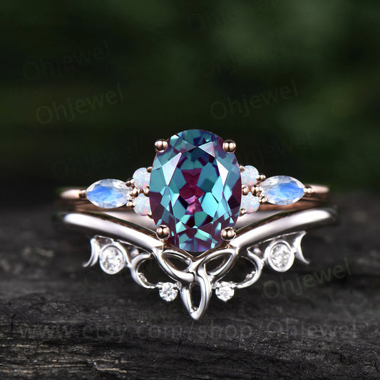 Oval cut Alexandrite ring rose gold vintage unique engagement ring set marquise cut moonstone ring opal ring silver wedding ring set women