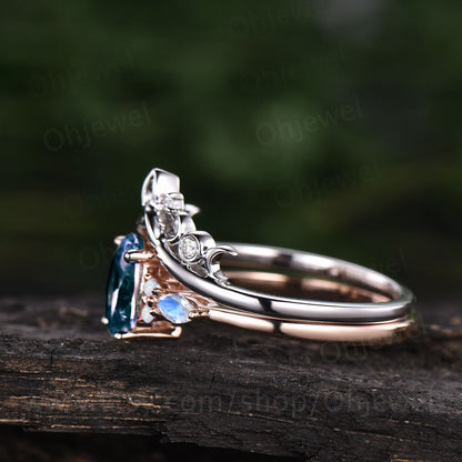 Oval cut Alexandrite ring rose gold vintage unique engagement ring set marquise cut moonstone ring opal ring silver wedding ring set women