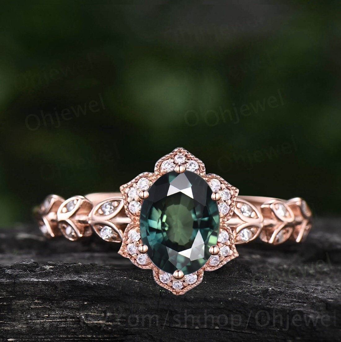 Vintage oval cut green teal sapphire engagement ring art deco flower leaf halo diamond ring 14k rose gold unique wedding promise ring women