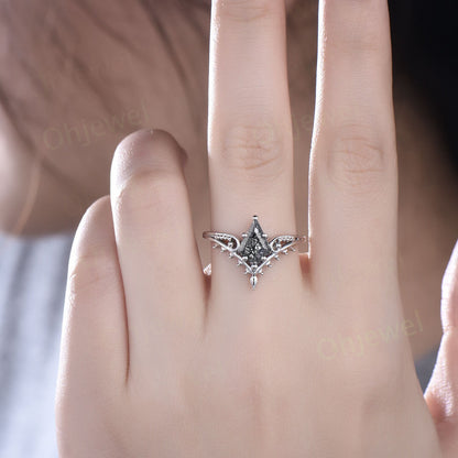 Vintage style kite cut black rutilated quartz ring unique split shank Solitaire engagement ring 14k rose gold women promise wedding ring