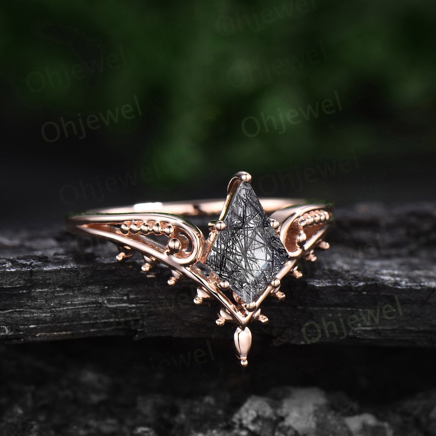 Vintage style kite cut black rutilated quartz ring unique split shank Solitaire engagement ring 14k rose gold women promise wedding ring