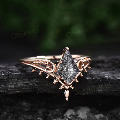 Vintage style kite cut black rutilated quartz ring unique split shank Solitaire engagement ring 14k rose gold women promise wedding ring