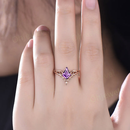 Vintage style kite cut purpleAmethyst ring unique split shank Solitaire engagement ring 14k rose gold antique promise wedding ring women