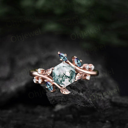Hexagon cut green moss agate engagement ring rose gold Nature inspired leaf twig diamond ring women cluster alexandrite ring silver gift