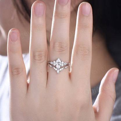 1ct Marquise cut Moissanite engagement ring set 14k white gold silver art deco baguette cut ring unique anniversary promise ring set women