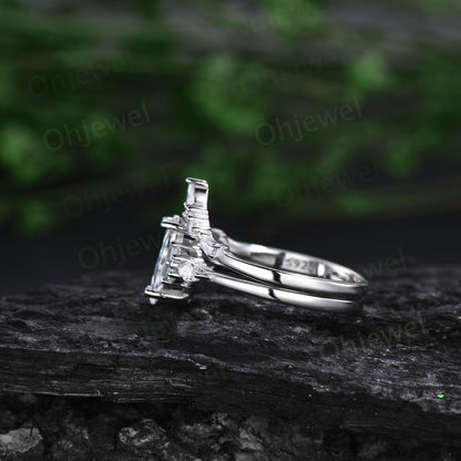 1ct Marquise cut Moissanite engagement ring set 14k white gold silver art deco baguette cut ring unique anniversary promise ring set women