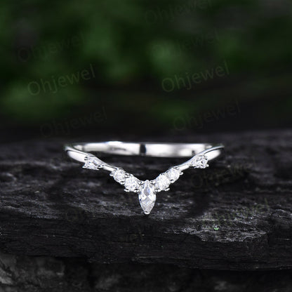 1ct Marquise cut Moissanite engagement ring set 14k white gold silver art deco baguette cut ring unique anniversary promise ring set women
