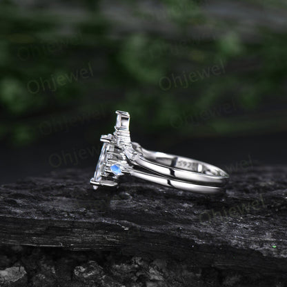1ct Marquise cut Alexandrite ring vintage unique engagement ring set white gold silver moonstone opal ring baguette moissanite ring women