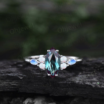 1ct Marquise cut Alexandrite ring vintage unique engagement ring set white gold silver moonstone opal ring baguette moissanite ring women