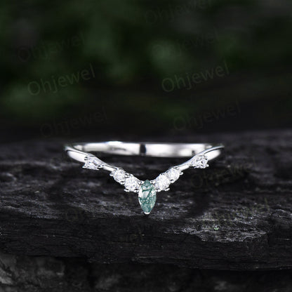 1ct Marquise cut Green moss agate ring vintage unique engagement ring set white gold silver baguette cut moissanite wedding ring set women