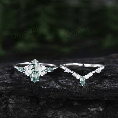 1ct Marquise cut Green moss agate ring vintage unique engagement ring set white gold silver baguette cut moissanite wedding ring set women