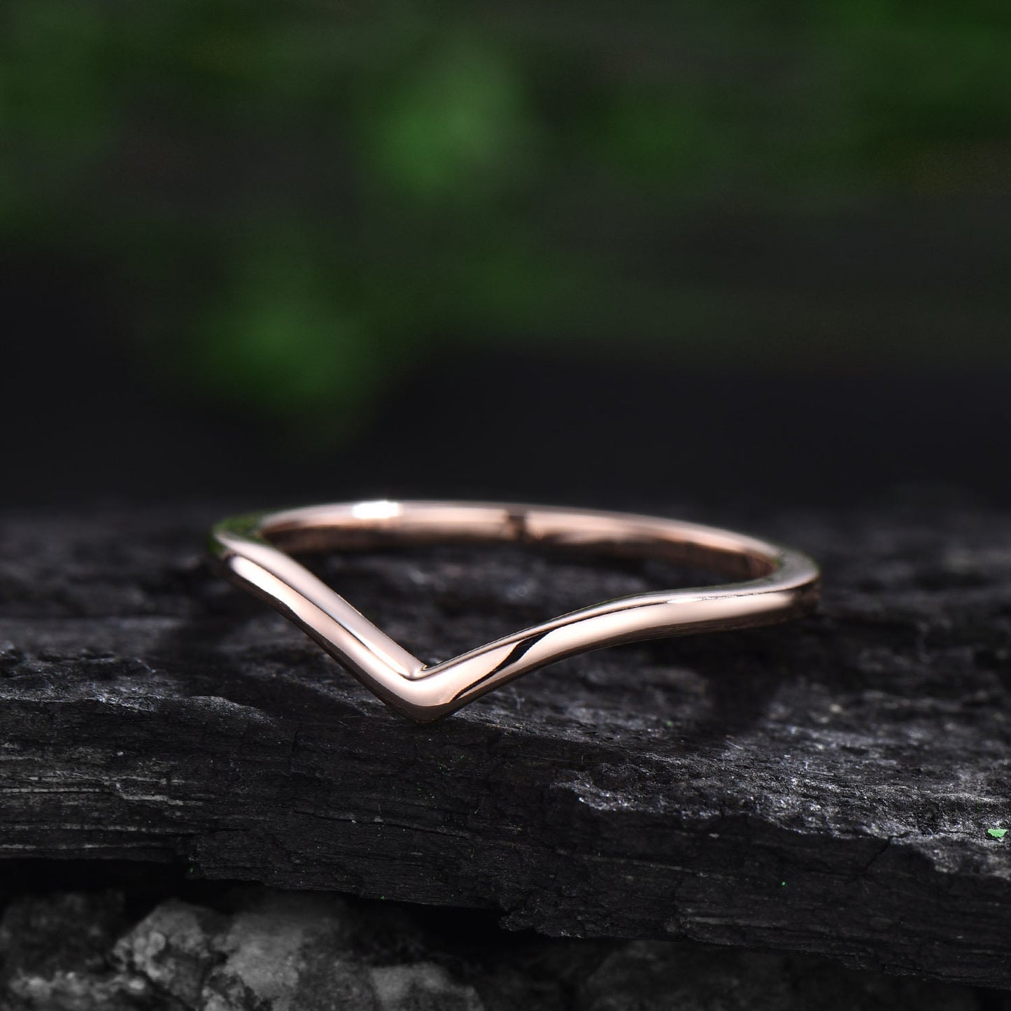 Curved V shaped wedding band  solid 14k rose gold solitaire stacking wedding ring band dainty Minimalist anniversary ring women gift for her