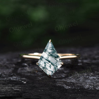 7x10mm kite cut green moss agate ring 14k yellow gold unique Solitaire engagement ring set for women Minimalist moissanite wedding ring band