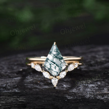 7x10mm kite cut green moss agate ring 14k yellow gold unique Solitaire engagement ring set for women Minimalist moissanite wedding ring band