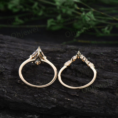 7x10mm kite cut Moissanite engagement ring set 14k gold Minimalist unique solitaire engagement ring promise wedding bridal ring set women