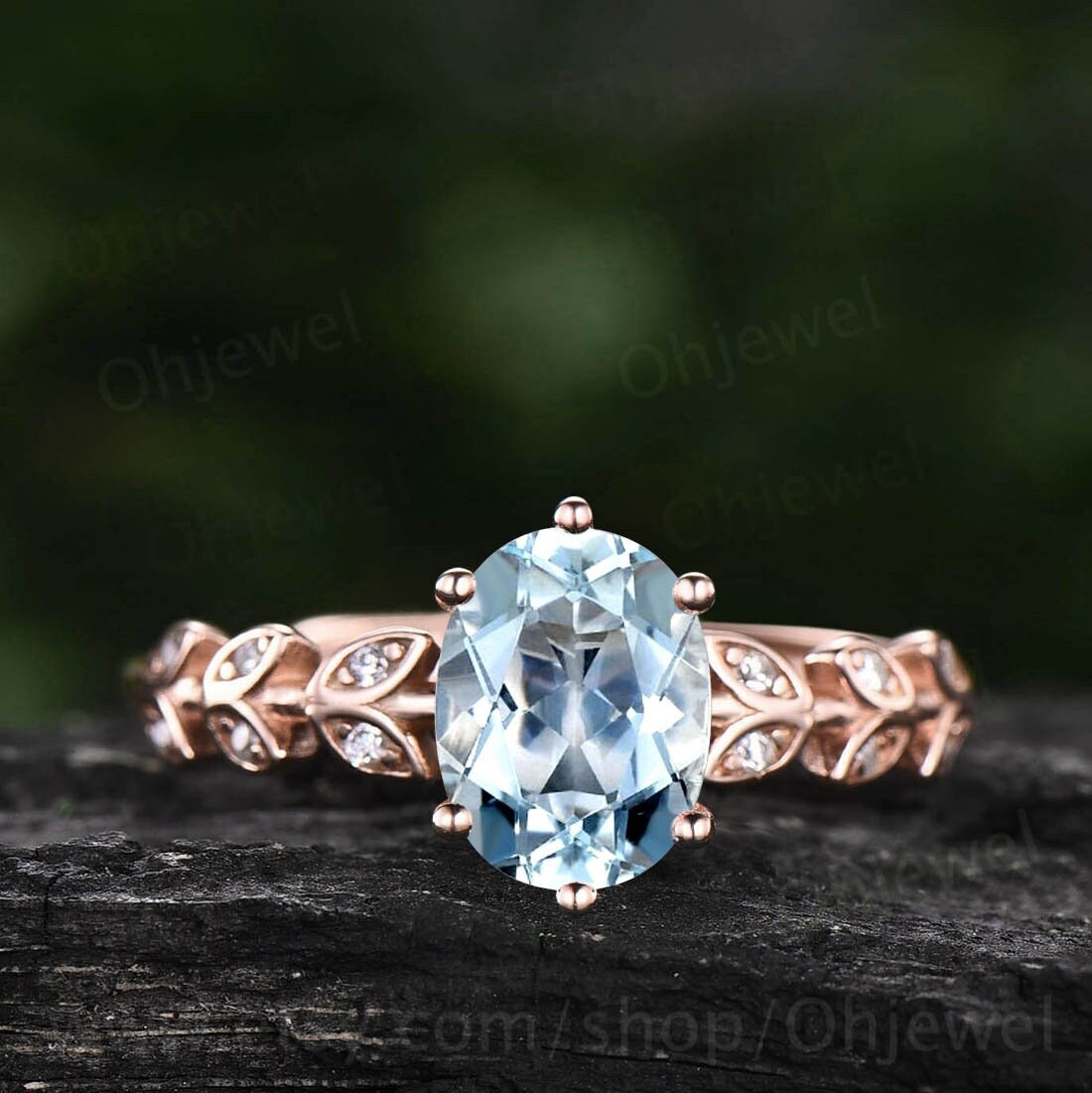 1.5ct oval cut Aquamarine engagement ring solid 14k rose gold art deco branches leaf Leaves twig nature inspired unique wedding ring women