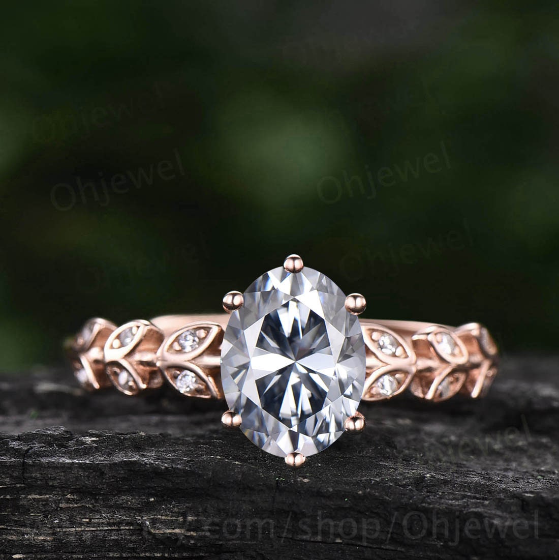 1.5ct oval cut gray moissanite engagement ring solid 14k rose gold art deco branches leaf twig nature inspired unique wedding ring for women