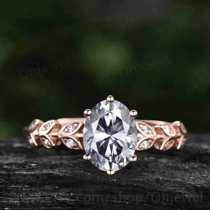1.5ct oval cut gray moissanite engagement ring solid 14k rose gold art deco branches leaf twig nature inspired unique wedding ring for women