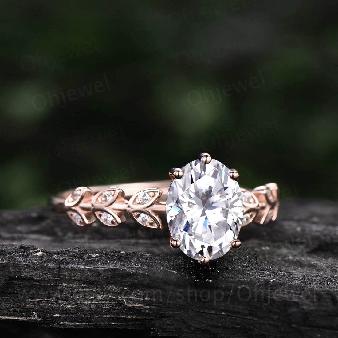 1.5ct oval cut Moissanite engagement ring solid 14k rose gold branches leaf Leaves twig nature inspired unique diamond wedding ring women